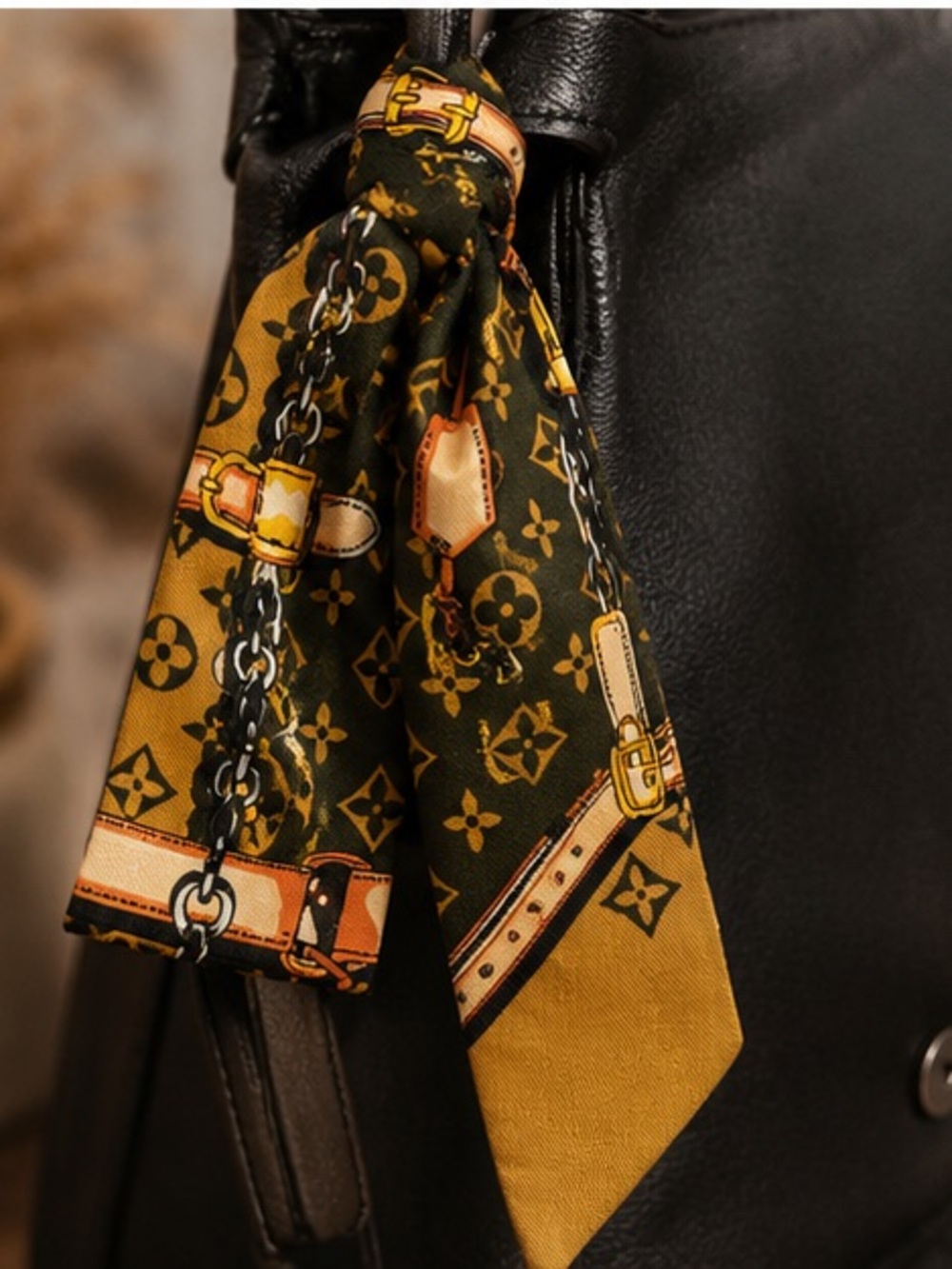 Mustard Gold Chain & Belt Print Twilly Scarf Designer Inspired - Picture 4 of 5